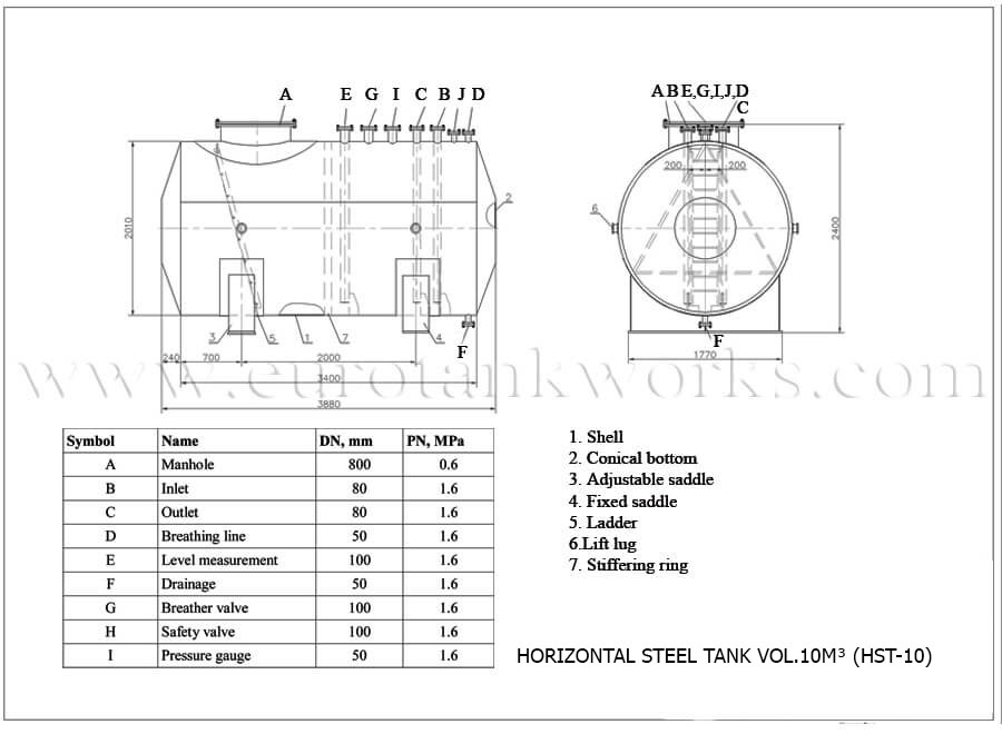 Zeichnung - Aufgeschweißter oberirdischer Tank mit einem Volumen von 10 Kubikmetern