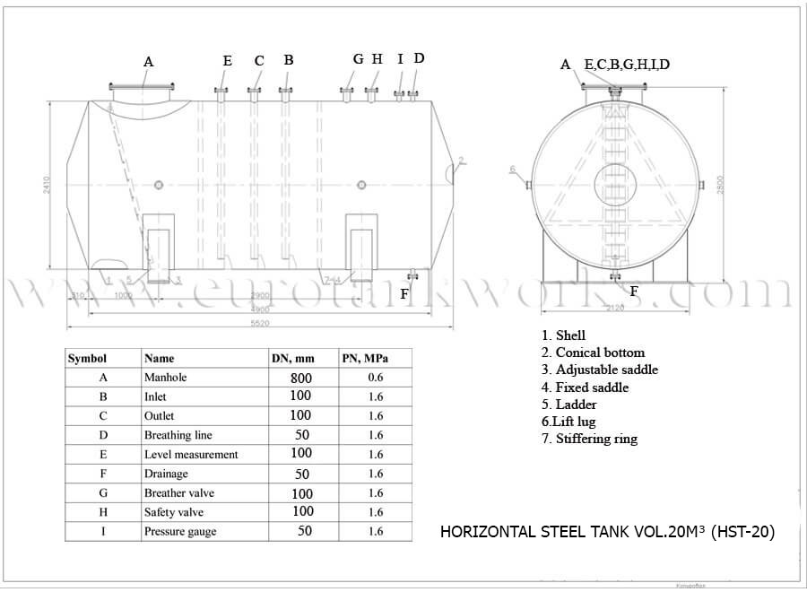 Zeichnung - Aufgeschweißter oberirdischer Tank mit einem Volumen von 20 Kubikmetern